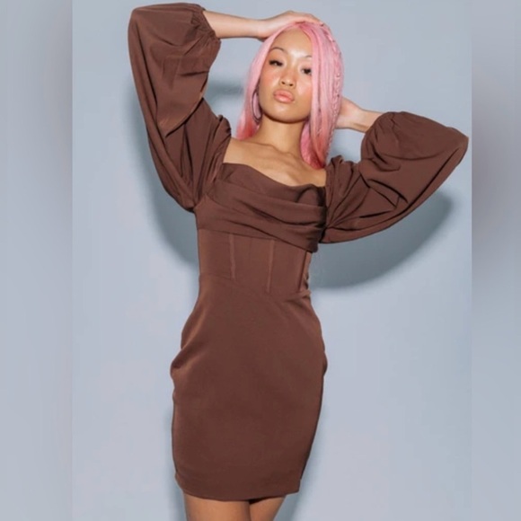 Princess Polly Lillie Long Sleeve Mini Dress Brown NWT - Picture 3 of 14